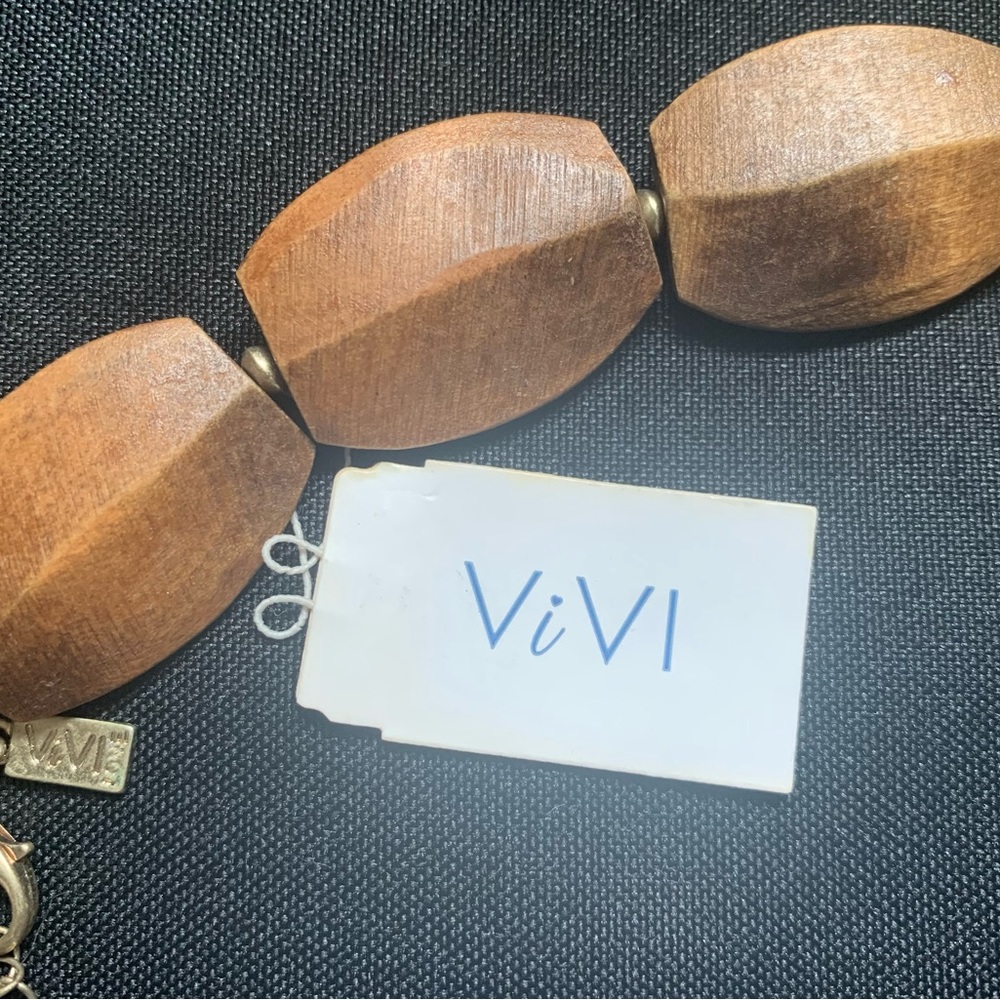 🪵 Natural Wood Pieces Necklace with Bronze Tone Spacers, Chain & Tag by ViVl - Picture 3 of 4